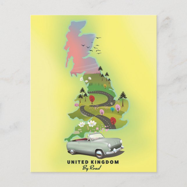 Storbritannien 'Med bil' Vintage-resaffisch. (Framsida)