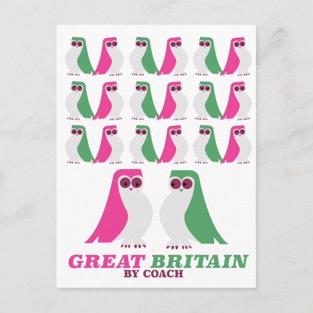 Storbritannien, "med Coach" ,Uggla, resaffisch Vykort (Framsida)