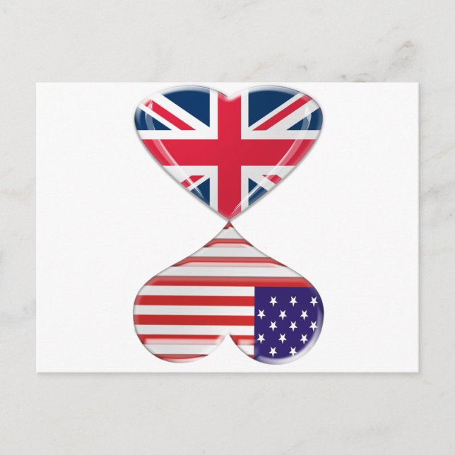 Storbritannien och USA Hearts Flagga Art Vykort (Framsida)