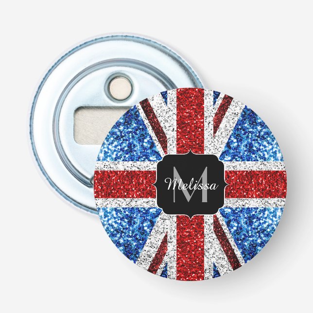 Storbritanniens flagga röd blå vit glittrar Monogr Flasköppnare (Framsidan)