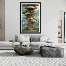 Storfärgad champinjon träd house surreal poster