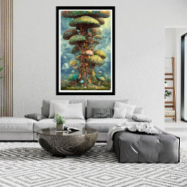 Storfärgad champinjon träd house surreal poster