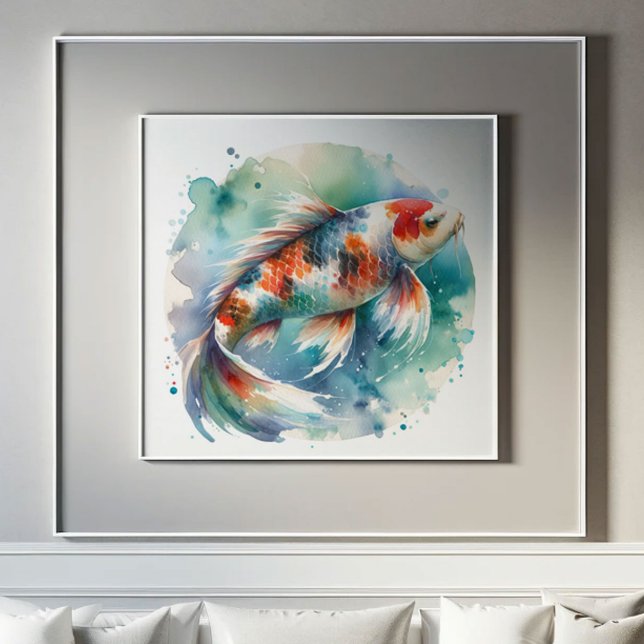 Storfärgad målarfärg Koi Fish Art Poster (Large koi fish watercolor painting in shades of red, orange , blue and green.)