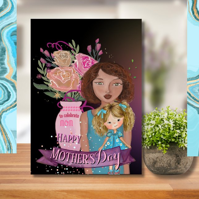 Storfärgade vattenblommor i Mor Julkort (Mother, Daughter & Flowers _ Happy Mother's Day Holiday Card)