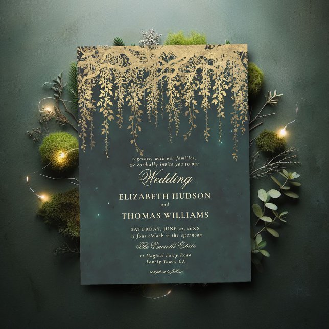 Storhertig skog Hanging Guld Bröllop Inbjudningar (enchanted forest gold vines wedding invitation magical fairy garden gold emerald elegant classic)