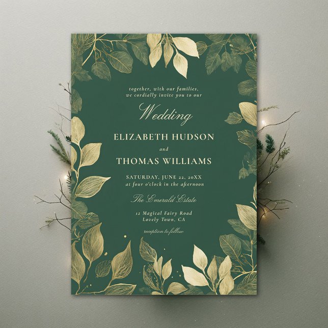 Storhertigdömet Forest Faux Guld Foliage Elegant b Inbjudningar (enchanted forest wedding invitation gold foliage emerald green magical bespoke dark moody)