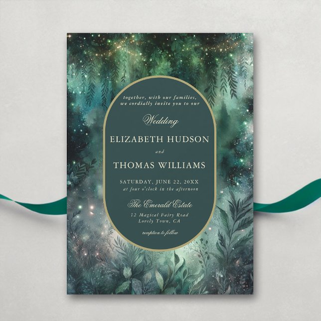 Storhertigdömet Forest Faux Guld Oval Ram Bröllop Inbjudningar (enchanted forest wedding invitation elegant magical fairy garden foliage greenery emerald gold oval )