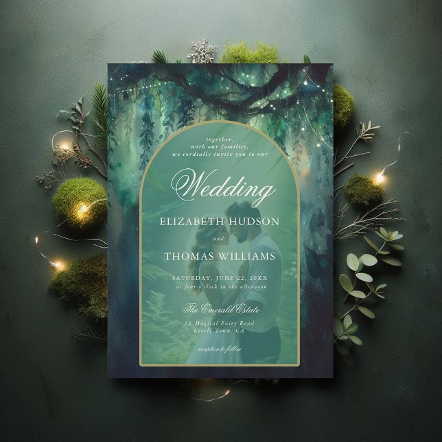Storhertigdömet Forest Greenery Boho Arch Photo Br Inbjudningar (enchanted forest wedding theme invitation magical fairy garden boho arch photo overlay elegant chic)