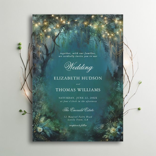 Storhertigdömet Forest Greenery Fairy Guld Light B Inbjudningar (enchanted forest woodland wedding invitation emerald green gold magical bespoke romantic)
