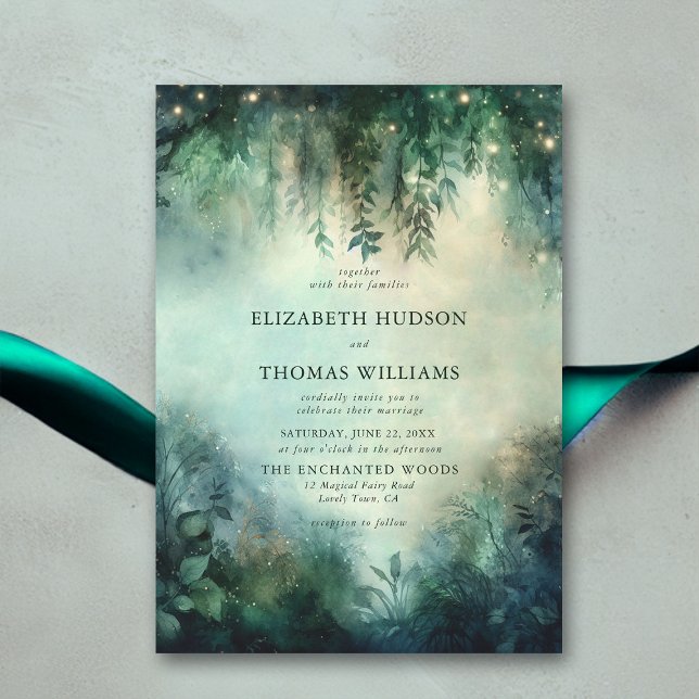 Storhertigdömet Forest Greenery Fairy Ljus Bröllop Inbjudningar (enchanted forest wedding invitation elegant magical fairy garden foliage greenery overhanging vines)