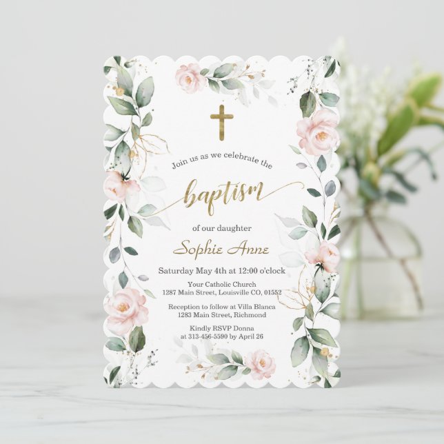 Storhertigdömet Rosa Blommigt Guld Kor Baptism Inbjudningar (Stående Fram)