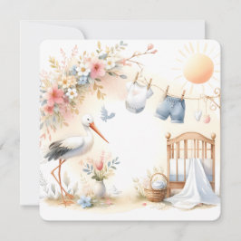 Stork and Baby Clothes Soft Pastel Baby Background Inbjudningar