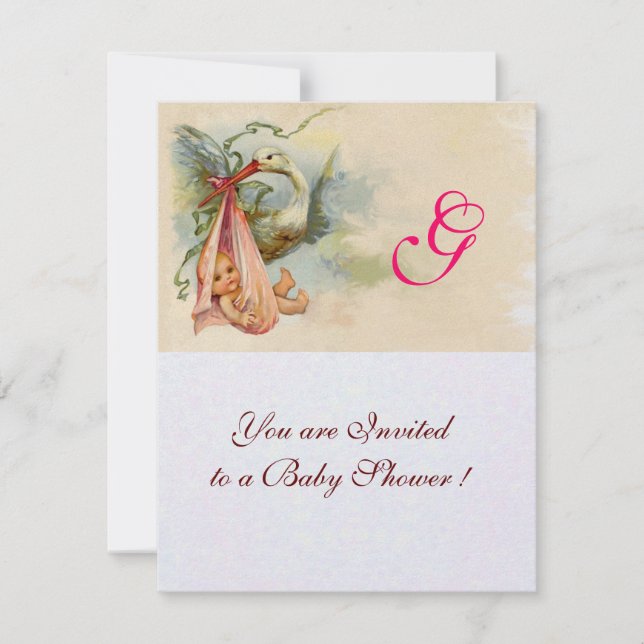 STORK BABY FLICKA SOCKERCHOCK MONOGRAM Pärl Glimme Inbjudningar (Framsida)