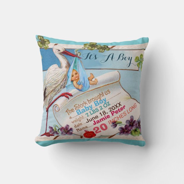 STORK,BABY OCH SHAMROCKS Blommigt Boy Baby Stats Kudde (Framsida)