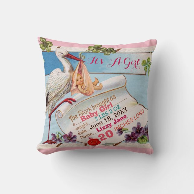 STORK, BABY OCH SHAMROCKS Blommigt Girl Baby Stats Kudde (Framsida)