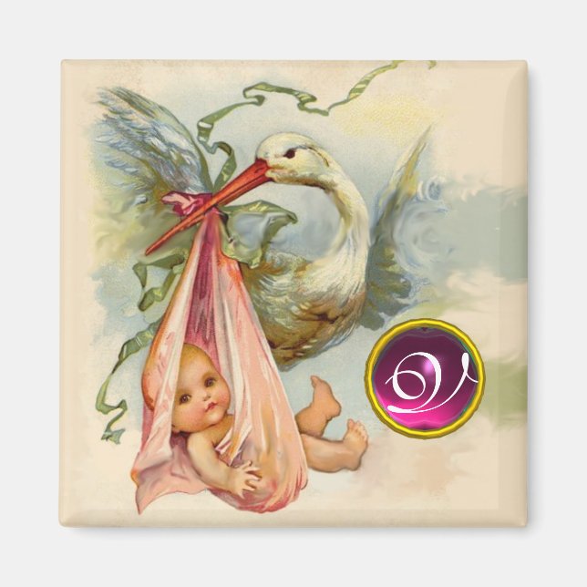 STORK BABY SHOWER 2 MONOGRAM ,ruby Magnet (Framsidan)