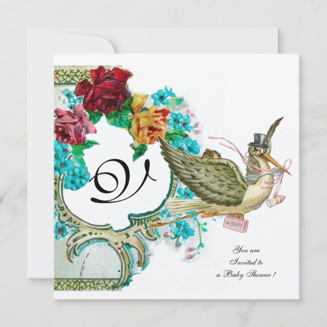 STORK BABY SHOWER 3 MONOGRAM,guld metallisk Inbjudningar (Framsida)