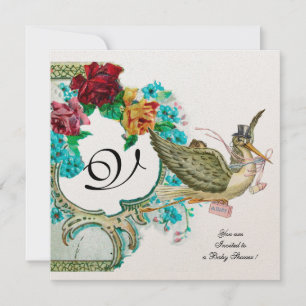 STORK BABY SHOWER 3 MONOGRAM,guld metallisk Inbjudningar