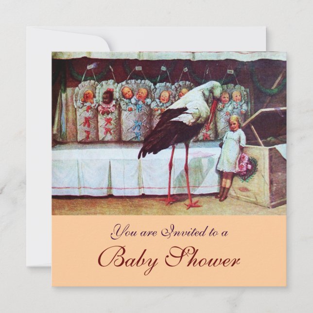 STORK BABY SHOWER 3, rosa Inbjudningar (Framsida)
