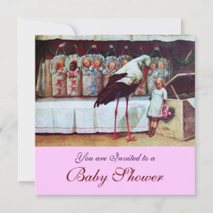 STORK BABY SHOWER 3, rosa Inbjudningar
