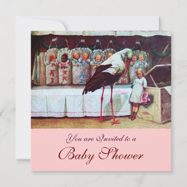 STORK BABY SHOWER 3, rosa Inbjudningar (Framsida)