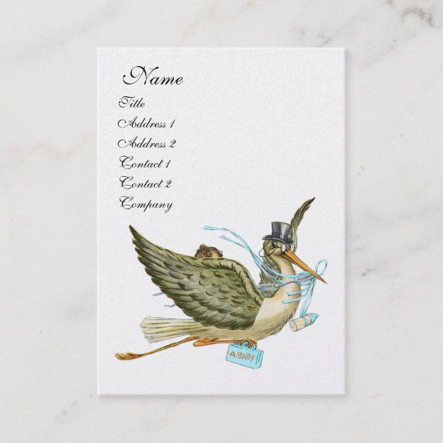 STORK BABY SHOWER, Blue White Pearl Papper Visitkort (Framsida)