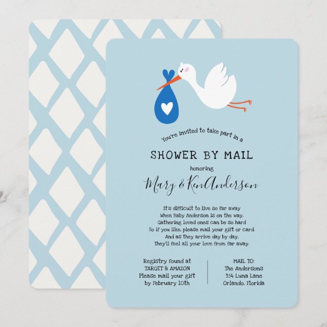 Stork Baby Shower by Mail Inbjudningar (Fram/baksida)