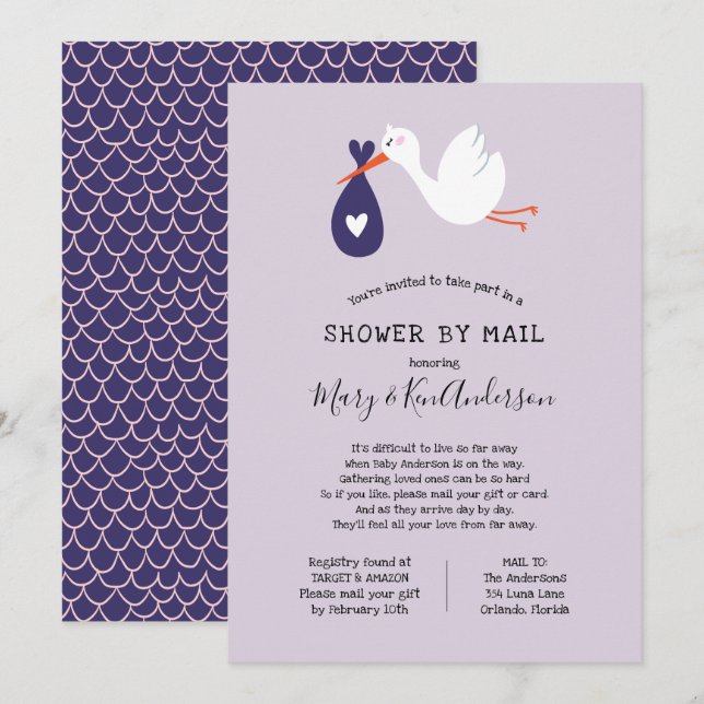 Stork Baby Shower by Mail Inbjudningar (Fram/baksida)