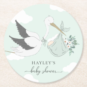 Stork Baby Shower för Mint Grönt Underlägg Papper Rund
