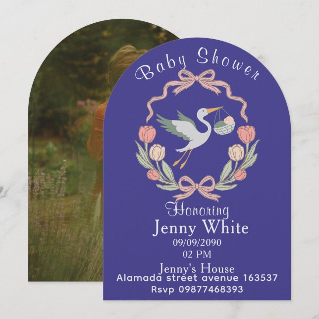 Stork Baby Shower Inbjudan Blommig (Fram/baksida)