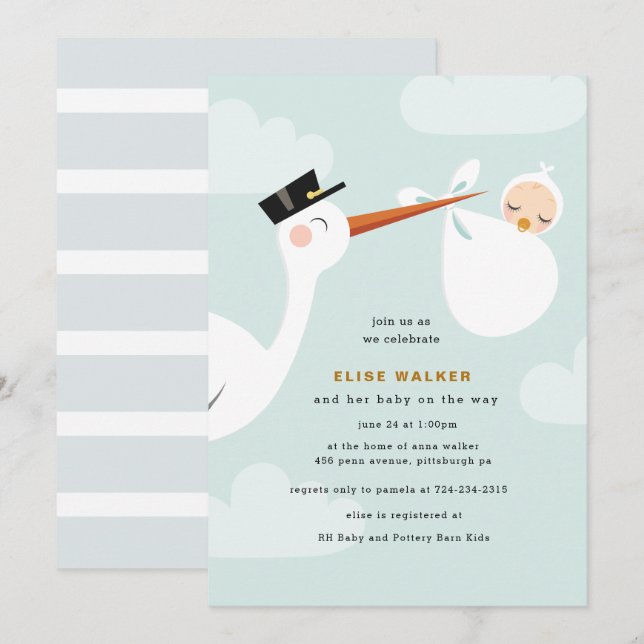 Stork Baby Shower-inbjudan med moln Inbjudningar (Fram/baksida)