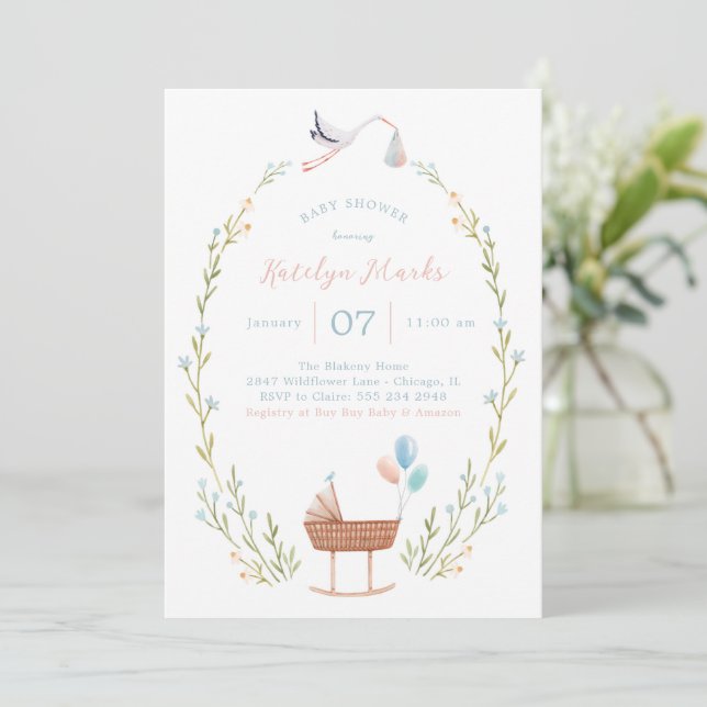 Stork Baby Shower-inbjudan Rosa och Blue Inbjudningar (Stående Fram)