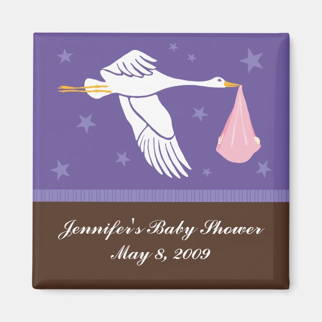 Stork Baby Shower Magnet - Lila/Brown (Framsidan)