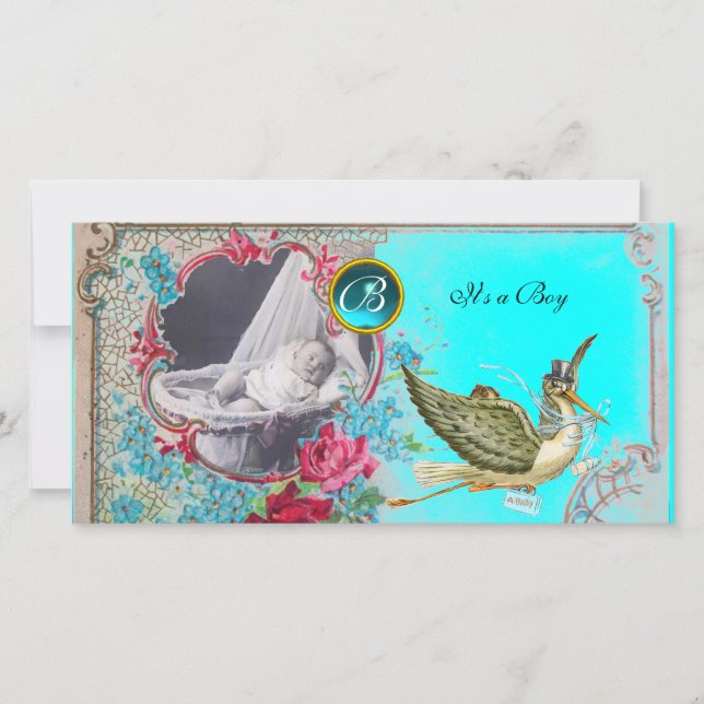 STORK BABY SHOWER MONOGRAM, akvamarin, vitt Meddelande (Framsida)