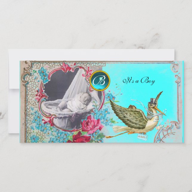 STORK BABY SHOWER MONOGRAM, aquamarine Meddelande (Framsida)