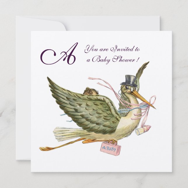 STORK BABY SHOWER MONOGRAM, guld metalliska Inbjudningar (Framsida)