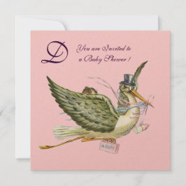 STORK BABY SHOWER MONOGRAM, guld metalliska Inbjudningar