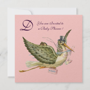 STORK BABY SHOWER MONOGRAM, guld metalliska Inbjudningar