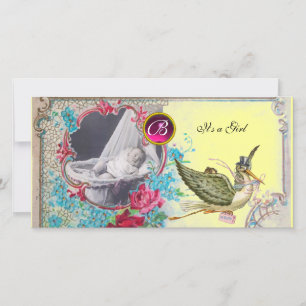 STORK BABY SHOWER MONOGRAM ,rubin, vit Meddelande