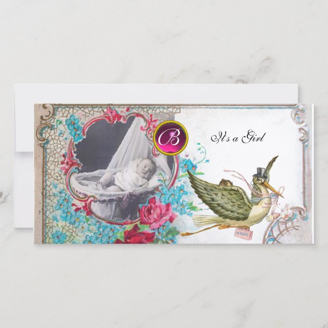 STORK BABY SHOWER MONOGRAM,ruby,white Meddelande (Framsida)