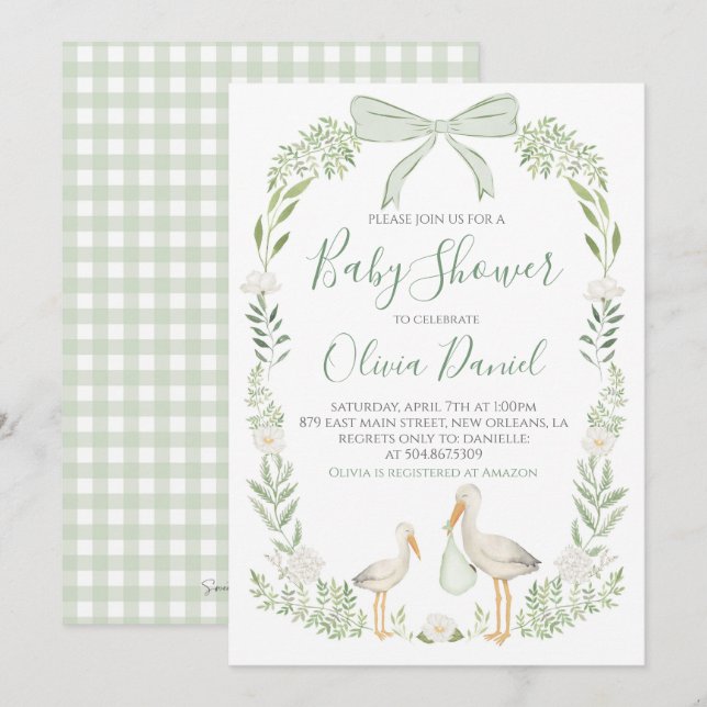 Stork Baby Shower Preppy Coquette Sage Grönt Inbjudningar (Fram/baksida)