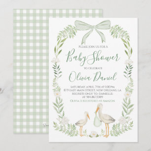 Stork Baby Shower Preppy Coquette Sage Grönt Inbjudningar