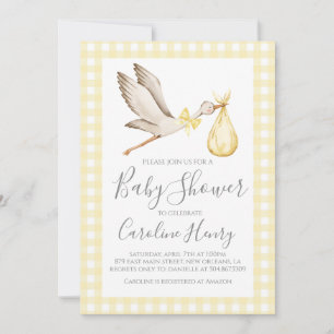 Stork Baby Shower Preppy Gingham Neutralt Gult Inbjudningar