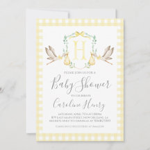 Stork Baby Shower Preppy Gingham Neutralt Gult