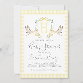 Stork Baby Shower Preppy Gingham Neutralt Gult Inbjudningar