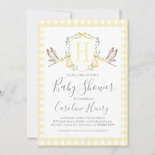 Stork Baby Shower Preppy Gingham Neutralt Gult Inbjudningar