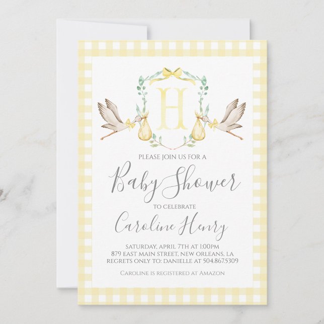 Stork Baby Shower Preppy Gingham Neutralt Gult Inbjudningar (Skapare uppladdad)