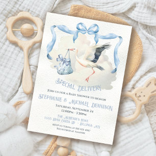 Stork Baby Shower Ribbon Bow Speciell Delivery Inbjudningar