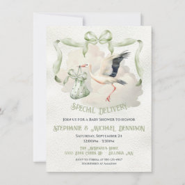 Stork Baby Shower Ribbon Bow Speciell Delivery Inbjudningar