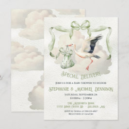 Stork Baby Shower Ribbon Bow Speciell Delivery Inbjudningar
